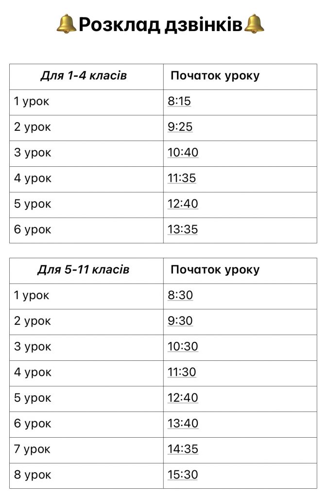 Розклад дзвінків — Спеціалізована школа І-ІІІ ступенів №96 ім О.К.Антонова
